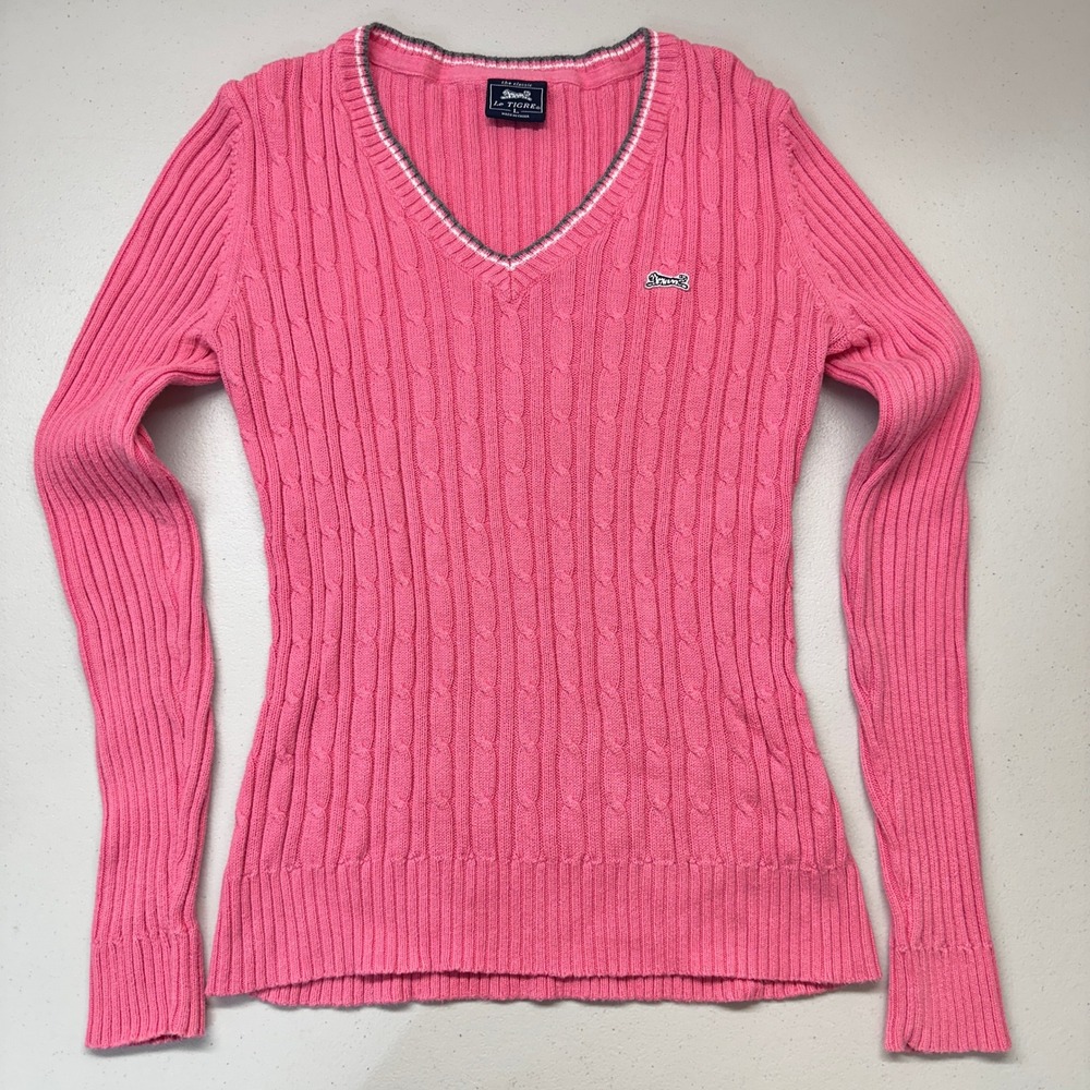 Vintage Y2K Le Tigre Pink Cable Knit V-Neck Sweater S Long Sleeve Cotton Preppy
